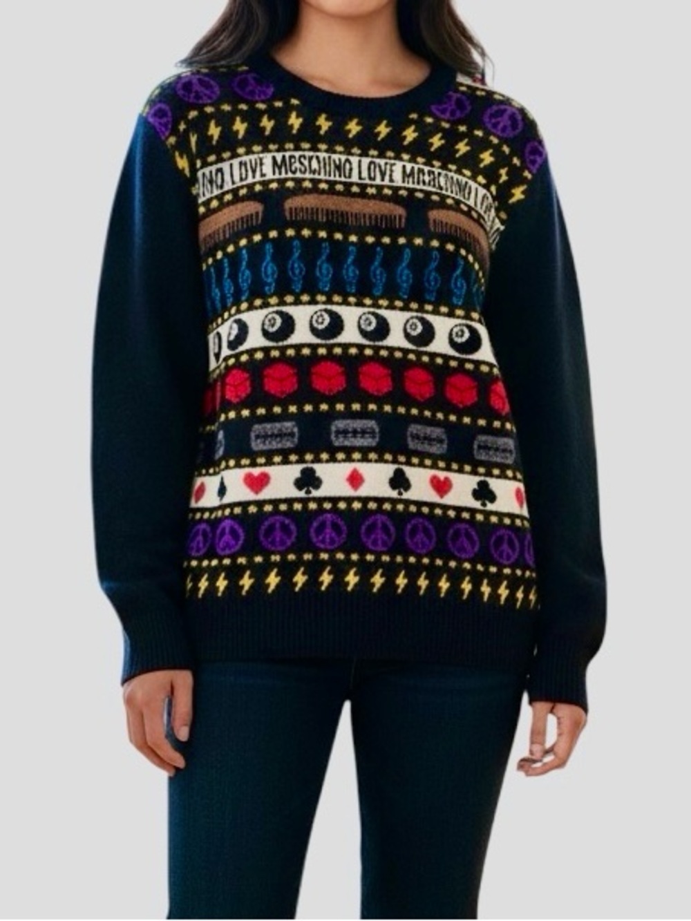 LOVE MOSCHINO Cashmere Wool Blend 8 Ball Peace Sign Sweater w Crew Neck